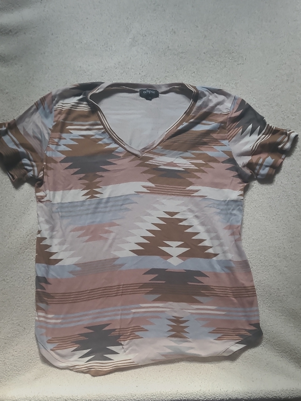 Women's V-Neck Aztec Print Top in Brown and Pink